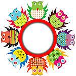 Round frame with colorful cartoon owls
