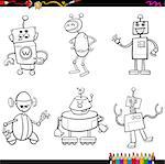 Coloring Book Cartoon Illustration of Fantasy Robot Characters Set