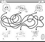 Black and White Cartoon Illustration of Educational Paths or Maze Puzzle Activity for Preschool Children with Little Girls Coloring Book