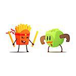 French Fries Against Cabbage Cartoon Fight Flat Vector Funny Illustration In Childish Style On White Background