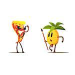 Pizza Slice Against Pineapple Cartoon Fight Flat Vector Funny Illustration In Childish Style On White Background