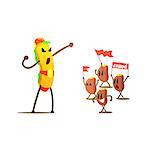 Hot Dog Against Beans Cartoon Fight Flat Vector Funny Illustration In Childish Style On White Background