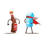 Coke Against Milk Cartoon Fight Flat Vector Funny Illustration In Childish Style On White Background