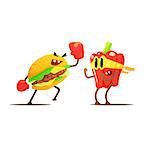 Hamburger Against Pepper Cartoon Fight Flat Vector Funny Illustration In Childish Style On White Background