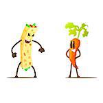 Burrito Against Carrot Cartoon Fight Flat Vector Funny Illustration In Childish Style On White Background