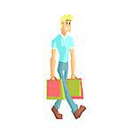 Guy With Two Shopping Bags Flat Isolated Vector Illustration in Cartoon Geometric Style On White Background