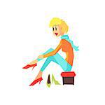 Woman Trying Shoes Flat Isolated Vector Illustration in Cartoon Geometric Style On White Background