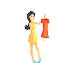 Girl Buying A Dress Flat Isolated Vector Illustration in Cartoon Geometric Style On White Background