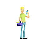 Guy Buying Household Chemistry Flat Isolated Vector Illustration in Cartoon Geometric Style On White Background