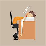 Office Worker Sleeping On Pile Of Papers Primitive Geometric Cartoon Style Flat Vector Design Isolated Illustration