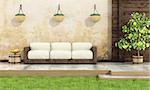 Relax in a rustic garden with wooden sofa with white cushion - 3d rendering