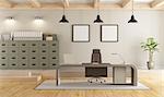 Two levels contemporary office with filing cabinet , modern desk and wooden ceiling - 3d rendering