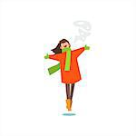 Jumping Girl In Winter Coat Primitive Vector Flat Isolated Illustration On White Background