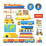 Logistic Flat Vector Drawn Elements and Transportations Colorful Infographic On White Background