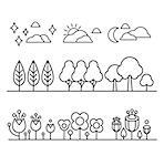 Trees, Flower And Sky Countour  Black White Set Of Flat Vector Icons In Cool Doodle Style