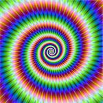 A digital abstract fractal image with a spiral design in green, blue, red and yellow.