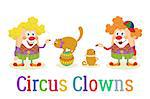 Set of Cheerful Kind Circus Clowns in Colorful Clothes with Trained Animals, Dog and Cat, Holiday Illustration, Funny Cartoon Characters, Isolated on White Background. Vector