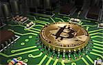 Concept Of Bitcoin Like A Computer Chip On Motherboard. 3D Scene.