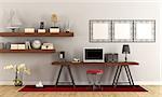 Vintage home office with contemporary laptop on wooden desk - 3d rendering