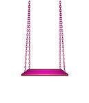 Wooden purple swing hanging on purple chains on white background