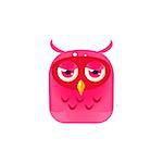 Pink Sad Owl Chick Square Icon Colorful Bright Childish Cartoon Style Icon Flat Vector Design Isolated On White Background