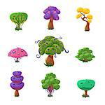 Fantastic Trees Set Of Cute Girly Style Cartoon Vector Flat Drawings Isolated On White Background