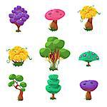 Fantastic Trees Collection Of Cute Girly Style Cartoon Vector Flat Drawings Isolated On White Background