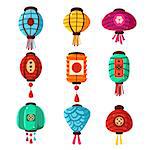 Chineese Lanters Decoration Colorful Fun Set Of Different Shape Objects Flat Vector Design