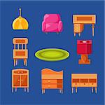 Living Room Objects Set Of Flat Isolated Vector Simplified Bright Color Design Icons On Blue Background