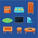 Living Room Furniture Set Of Flat Isolated Vector Simplified Bright Color Design Icons On Blue Background