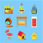 Garden Stuff Set Of Flat Isolated Vector Simplified Bright Color Design Icons On Blue Background