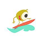 Surfer Monster On The Beach Childish Funny Flat Vector Illustration Isolated On White Background