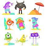 Monsters  On The Beach Childish Funny Flat Vector Illustrations Set Isolated On White Background