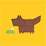 Scottish Terrier With Food Bowl Funny Flat Vector Illustration In Creative Applique Style