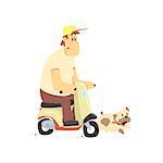 Man On Scooter With Dog Flat Isolated Vector Simple Drawing On White Background In Funny Cartoon Style