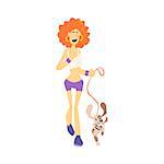 Woman Jogging With Dog Flat Isolated Vector Simple Drawing On White Background In Funny Cartoon Style