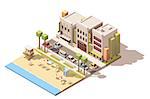 Isometric town street with beach and cars