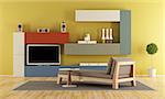 Contemporary Living room with colorful wall unit with tv and daybed - 3d rendering