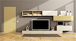 Modern living room with wall unit, tv set and closed door - 3d rendering