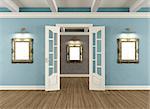 Retro interior with open door  and  classic golden frames on wall- 3d rendering