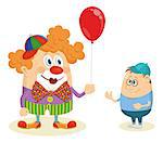 Cheerful kind circus clown in colorful clothes gives a little boy a balloon, holiday illustration, funny cartoon character isolated on white background. Vector