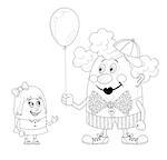 Cheerful kind circus clown gives a little girl a balloon, holiday illustration, funny cartoon character, black contour isolated on white background. Vector