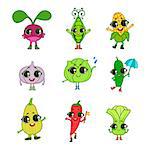 Vegetables Illustration Collection Of Flat Outlined Isolated Cartoon Humanized Characters In Cute Girly Style On White Background