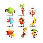 Healthy Food Cartoon Characters Flat Vector Design Cute Funny Childish Style Set Of Icons On White Background