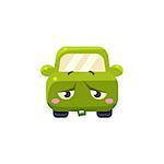Upset Green Car Emoji Cute Childish Style Character Flat Isolated Vector Icon