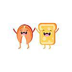 Salmon And Toast Cartoon Friends Colorful Funny Flat Vector Isolated Illustration On White Background