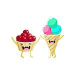 Ice-cream And Berries Cartoon Friends Colorful Funny Flat Vector Isolated Illustration On White Background