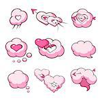 Heart Shaped Cloud Set Of Flat Outlined Pink Cartoon Girly Style Icons On White Background