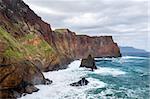 Inaccessible shores of the rocky island in Anlantic ocean. Madeira island coast, Portugal.