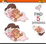 Cartoon Illustration of Finding Differences Educational Activity Task for Preschool Children with Girl and Teddy